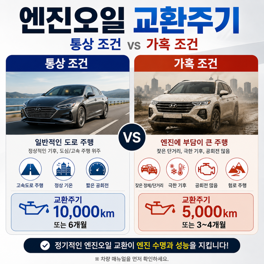 통상 조건과 가혹 조건의 엔진오일 교환주기 비교