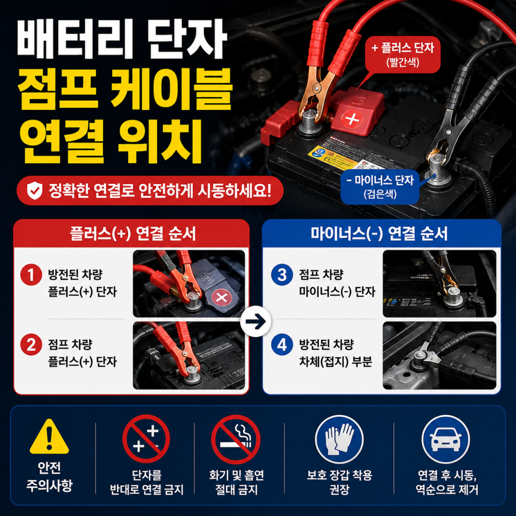 배터리 단자와 점프 케이블 연결 위치를 표현한 안전 안내