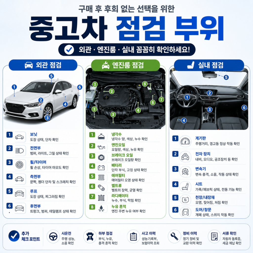 중고차 외관·엔진룸·실내 점검 부위를 표시